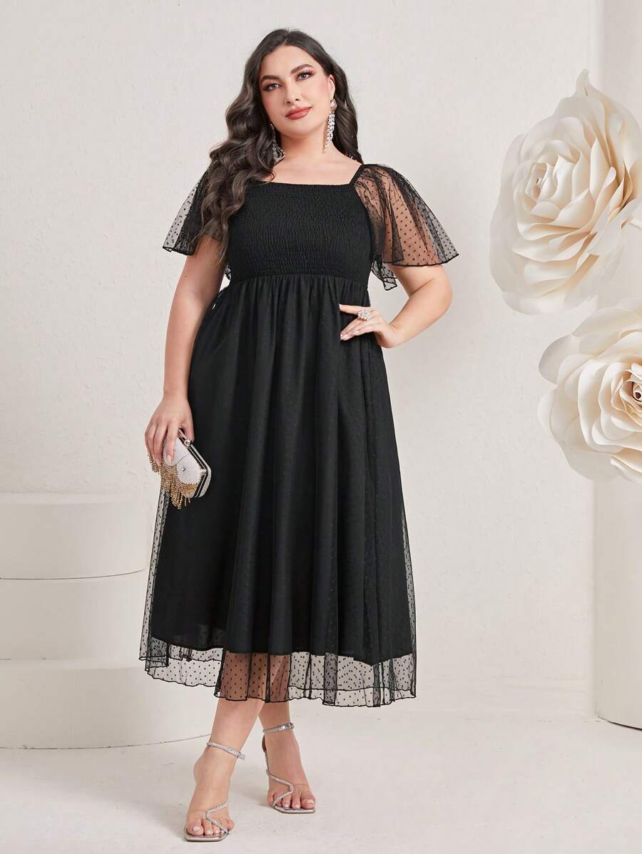 Modelyn 大碼網紗拼接蝴蝶袖連衣裙 - 黑色 - 查看 1