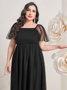 Modelyn 大碼網紗拼接蝴蝶袖連衣裙 - 黑色 - 查看 3