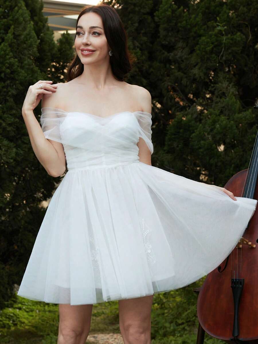 Missord Off Shoulder Mesh Overlay Dress - White - View 1