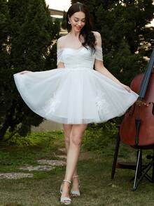 Missord Off Shoulder Mesh Overlay Dress - White - View 4