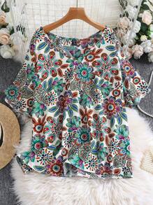 SHEIN LUNE Bluse mit Blume Muster, Schmetterlingsärmeln,