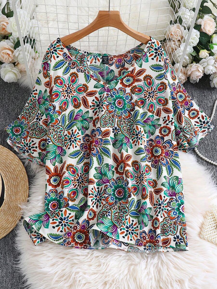 SHEIN LUNE 大碼印花蝴蝶袖襯衫 - 彩色 - 查看 1