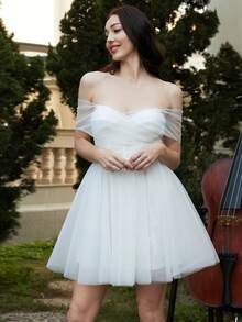 Missord Off Shoulder Mesh Overlay Dress - White - View 6