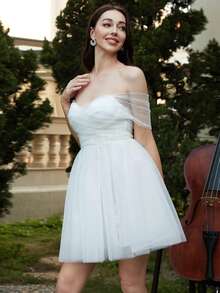 Missord Off Shoulder Mesh Overlay Dress - White - View 7