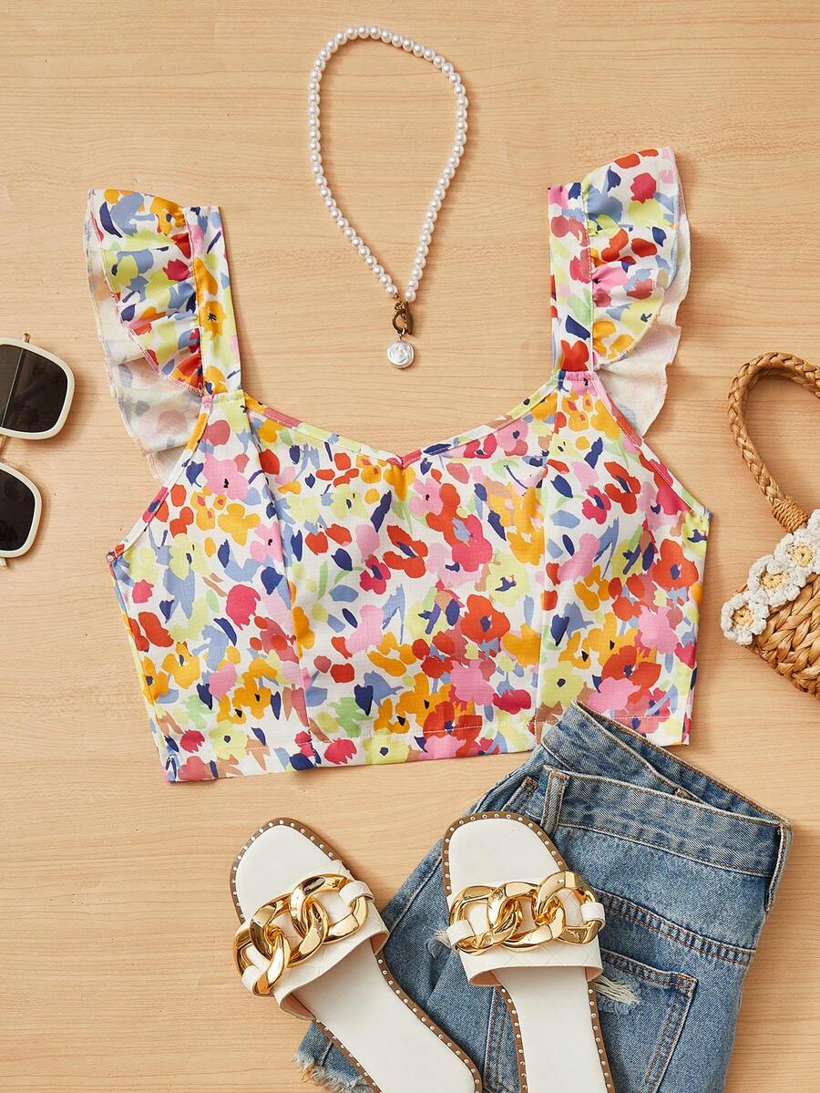 Soleia Allover Floral Print Ruffle Trim Crop Top - Multicolor - View 1