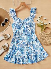 Soleia Đầm Plus Size Xù Viên lá sen Dây kéo Nếp gấp Phần Ngực Hoa Tất cả trên in Boho - Xanh và trắng - Xem 1