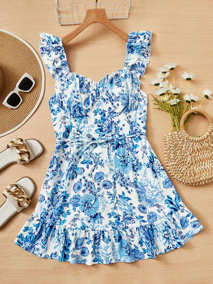 Soleia Đầm Plus Size Xù Viên lá sen Dây kéo Nếp gấp Phần Ngực Hoa Tất cả trên in Boho - Xanh và trắng - Xem 1