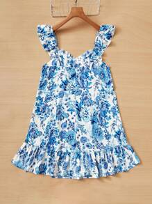 Soleia Đầm Plus Size Xù Viên lá sen Dây kéo Nếp gấp Phần Ngực Hoa Tất cả trên in Boho - Xanh và trắng - Xem 2