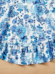 Soleia Đầm Plus Size Xù Viên lá sen Dây kéo Nếp gấp Phần Ngực Hoa Tất cả trên in Boho - Xanh và trắng - Xem 4