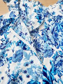 Soleia Đầm Plus Size Xù Viên lá sen Dây kéo Nếp gấp Phần Ngực Hoa Tất cả trên in Boho - Xanh và trắng - Xem 6