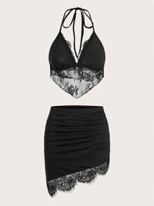 SHEIN ICON Contrast Lace Halter Top & Bodycon Skirt - Black - View 1