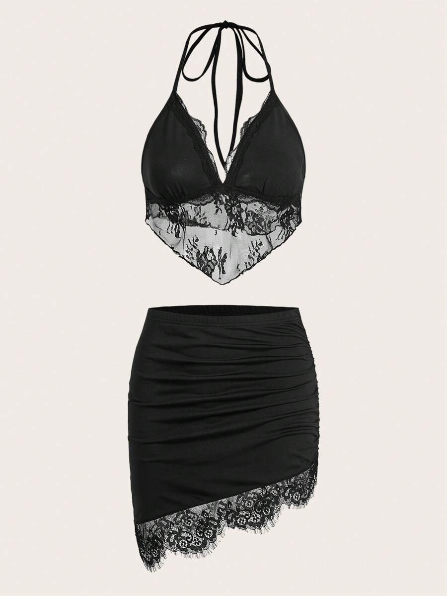 SHEIN ICON Contrast Lace Halter Top & Bodycon Skirt - Black - View 1