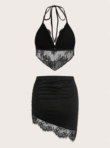 SHEIN ICON Contrast Lace Halter Top & Bodycon Skirt - Black - View 2