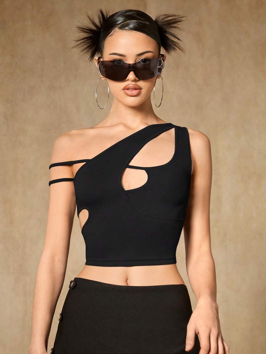 SHEIN ICON Solid Asymmetrical Neck Cut Out Crop Top - Black - View 1