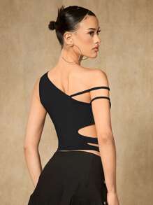SHEIN ICON Solid Asymmetrical Neck Cut Out Crop Top - Black - View 2