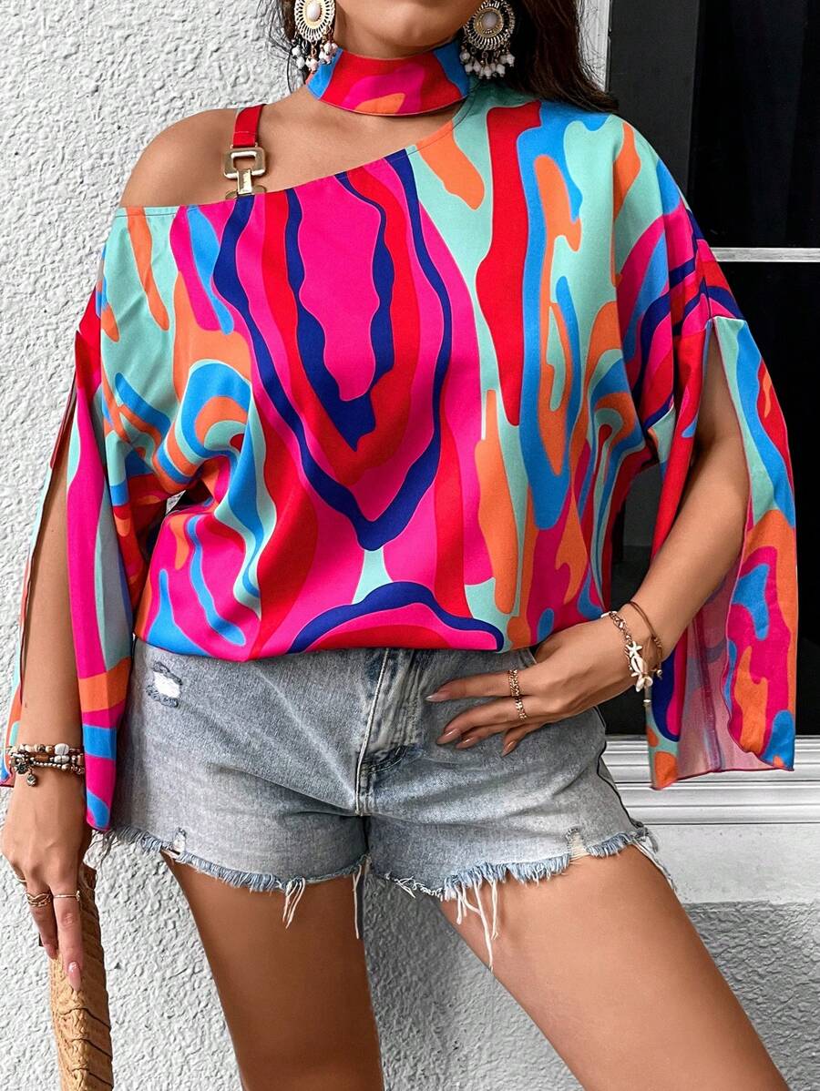 SHEIN LUNE Áo sơ mi Plus Size Bất đối xứng Cắt ra Nhẫn Tất cả trên in Giải trí - Nhiều màu - Xem 1