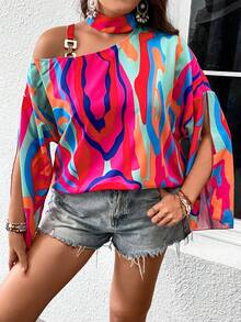 SHEIN LUNE Áo sơ mi Plus Size Bất đối xứng Cắt ra Nhẫn Tất cả trên in Giải trí - Nhiều màu - Xem 4