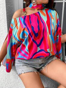 SHEIN LUNE Áo sơ mi Plus Size Bất đối xứng Cắt ra Nhẫn Tất cả trên in Giải trí - Nhiều màu - Xem 6