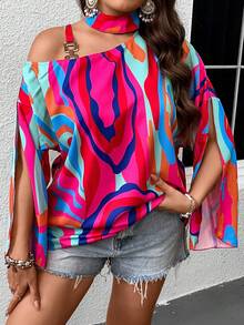 SHEIN LUNE Áo sơ mi Plus Size Bất đối xứng Cắt ra Nhẫn Tất cả trên in Giải trí - Nhiều màu - Xem 7