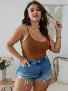 SHEIN Essnce Plus Solid Cami Bodysuit - Camel - View 1