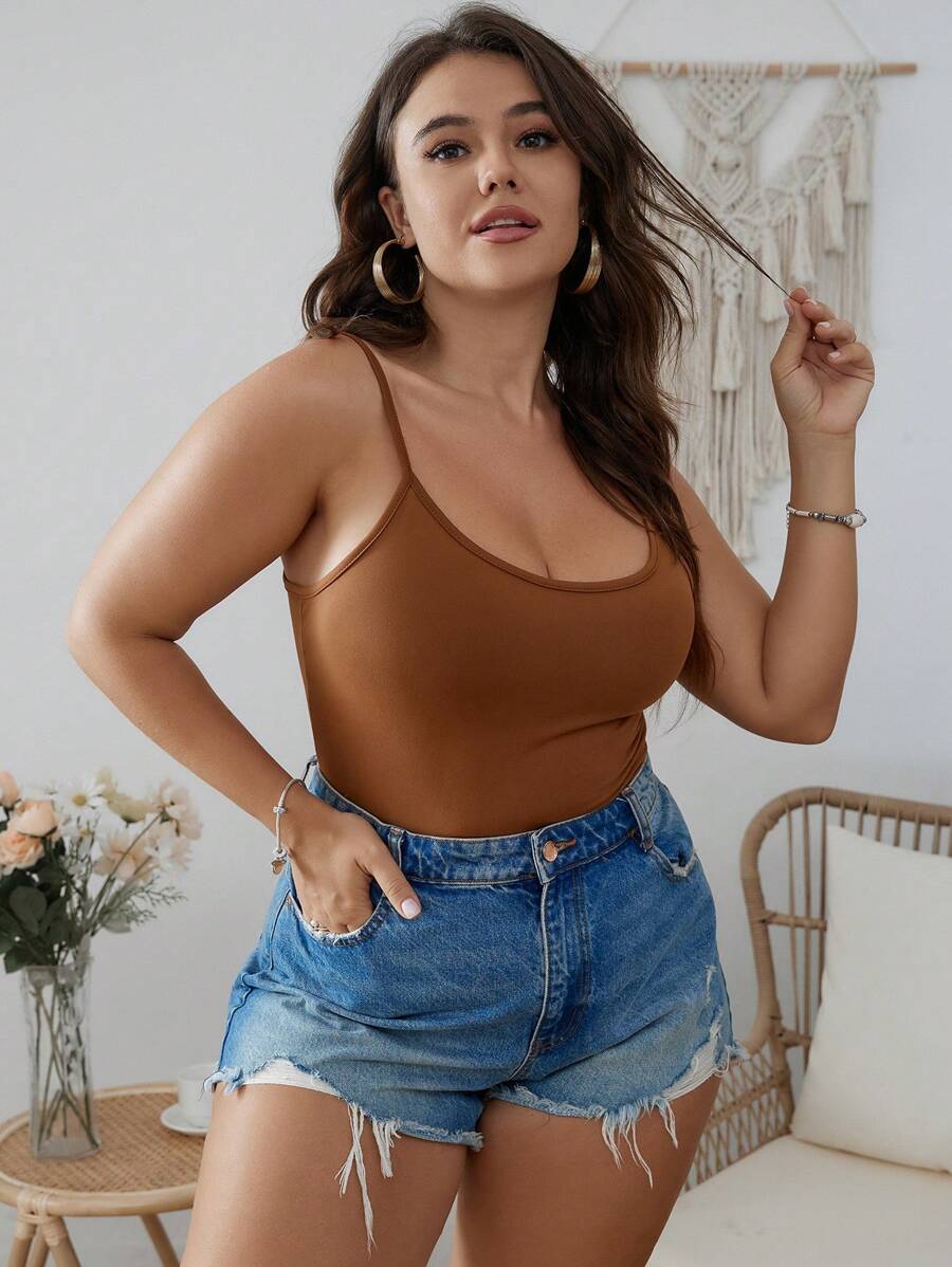 SHEIN Essnce Plus Solid Cami Bodysuit - Camel - View 1