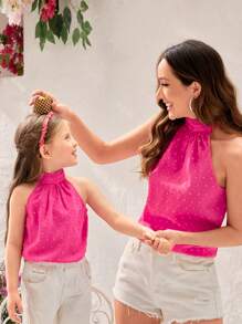 SHEIN 小女童1入組圓點褶邊繞頸襯衫 - 玫紅色 - 查看 4