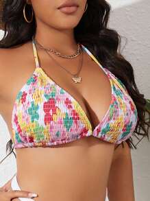 SHEIN Top bikini triángulo con estampado floral Smocked halter - Multicolor - Ver 3