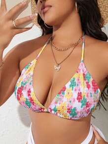 SHEIN Top bikini triángulo con estampado floral Smocked halter - Multicolor - Ver 5