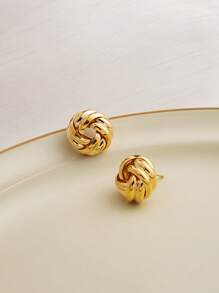 Bông tai hình tròn chi tiết xoắn - Vàng - Xem 3