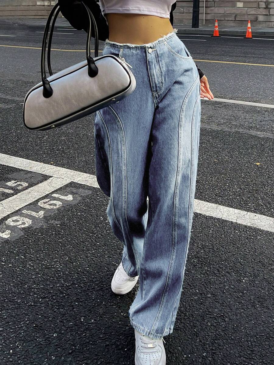 DAZY Solid Raw Hem Wide Leg Jeans - Light Wash - View 1