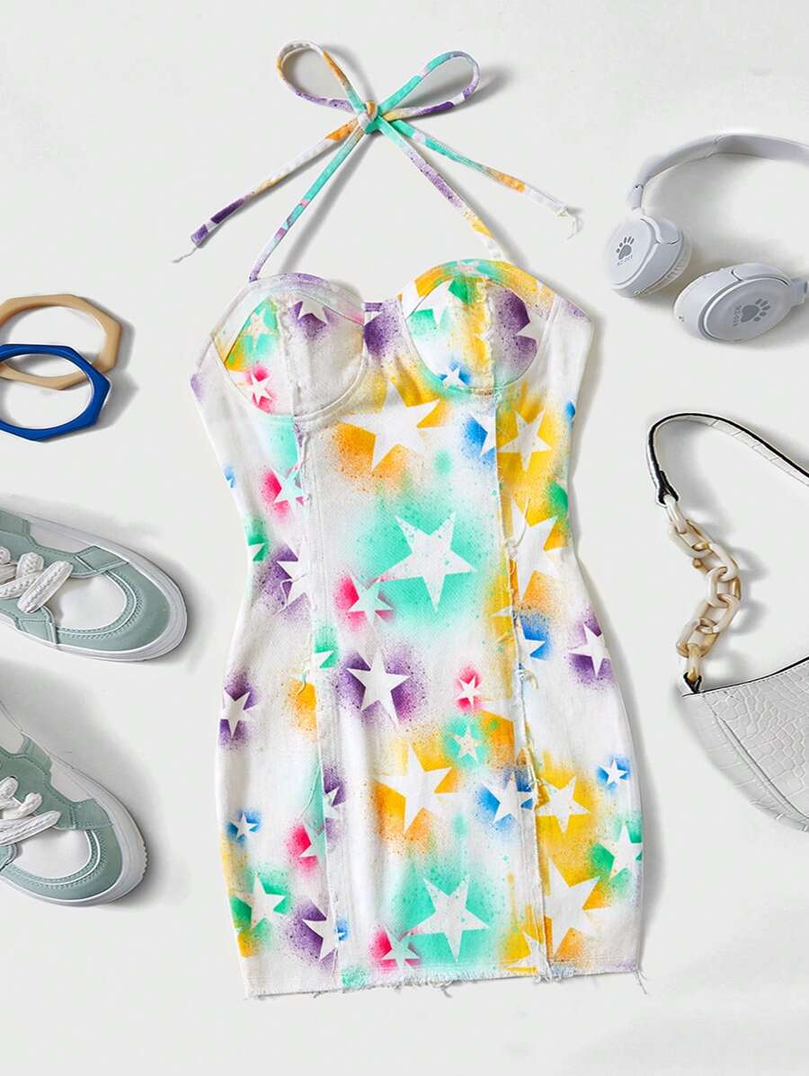 SHEIN EZwear Star Print Raw Hem Halter Neck Backless Bodycon Denim Dress - Multicolor - View 1