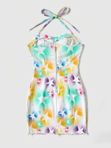SHEIN EZwear Star Print Raw Hem Halter Neck Backless Bodycon Denim Dress - Multicolor - View 2