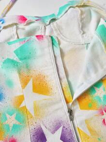 SHEIN EZwear Star Print Raw Hem Halter Neck Backless Bodycon Denim Dress - Multicolor - View 3