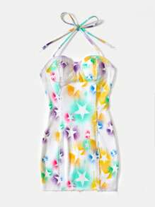 SHEIN EZwear Star Print Raw Hem Halter Neck Backless Bodycon Denim Dress - Multicolor - View 4
