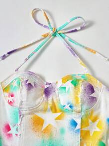 SHEIN EZwear Star Print Raw Hem Halter Neck Backless Bodycon Denim Dress - Multicolor - View 5