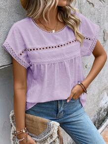 SHEIN VCAY Áo sơ mi nữ Tương phản ren màu trơn Giải trí - Màu Lilac Tím - Xem 1