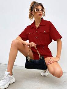 SHEIN Essnce Mono camisero con bolsillo con solapa con botón - Burdeos - Ver 3