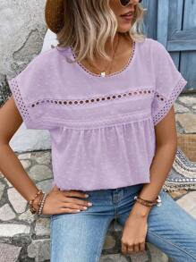 SHEIN VCAY Áo sơ mi nữ Tương phản ren màu trơn Giải trí - Màu Lilac Tím - Xem 6