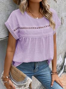 SHEIN VCAY Áo sơ mi nữ Tương phản ren màu trơn Giải trí - Màu Lilac Tím - Xem 7