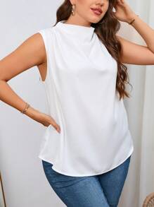 SHEIN Essnce Plus Solid Mock Neck Sleeveless Blouse - White - View 3
