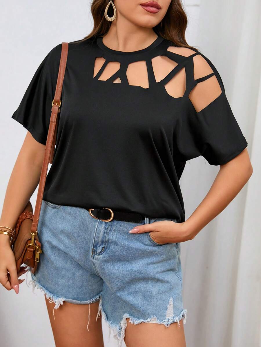 SHEIN LUNE Camiseta con abertura de manga murciélago - Negro - Ver 1