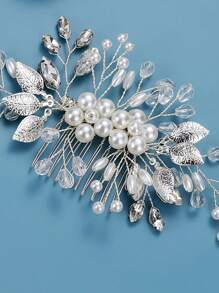 1件装女士树叶和仿珍珠装饰时尚新娘发梳，适合婚礼派对优雅头饰和情人节配饰