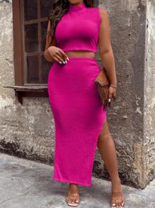 SHEIN LUNE Plus Mock Neck Tank Top & Split Thigh Skirt - Hot Pink - View 1