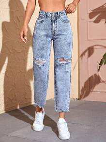 SHEIN PETITE Jeans ajustados mom desgarro de talle alto - Lavado ligero - Ver 1