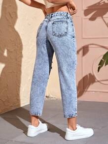 SHEIN PETITE Jeans ajustados mom desgarro de talle alto - Lavado ligero - Ver 2