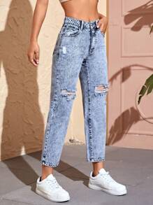 SHEIN PETITE Jeans ajustados mom desgarro de talle alto - Lavado ligero - Ver 3