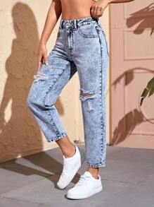 SHEIN PETITE Jeans ajustados mom desgarro de talle alto - Lavado ligero - Ver 4
