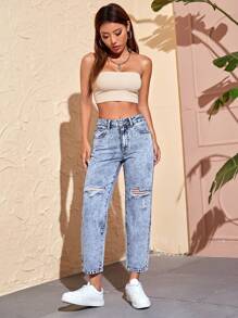 SHEIN PETITE Jeans ajustados mom desgarro de talle alto - Lavado ligero - Ver 5