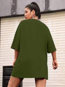 Flirla Plus Size Solid Drop Shoulder Tee - Dark Green - View 2