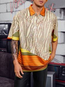 Manfinity Men Striped & Colourblock Drop Shoulder Polo Shirt - Multicolor - View 4